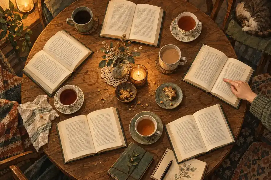 Un tavolo rotondo visto dall'alto con cinque copie dello stesso libro aperte, tazze e un candela