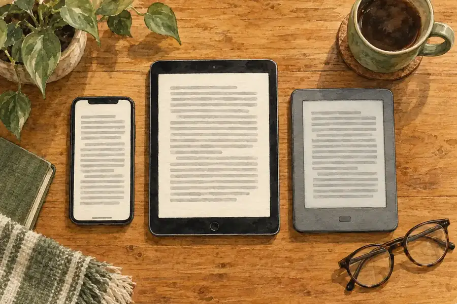 Un telefono, un tablet e un e-reader e-ink posati su un tavolo, con la stessa pagina aperta