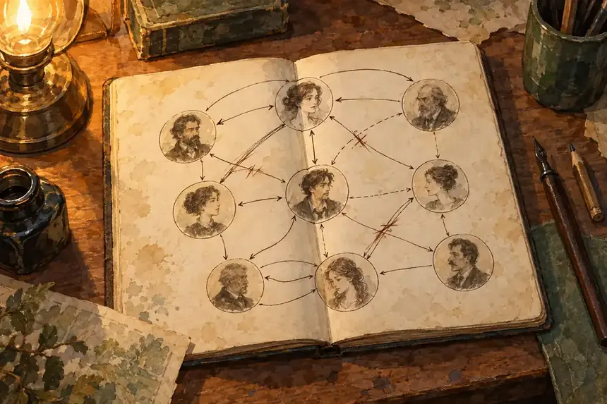 Un taccuino aperto con i personaggi del romanzo disegnati in cerchi e collegati fra loro a penna