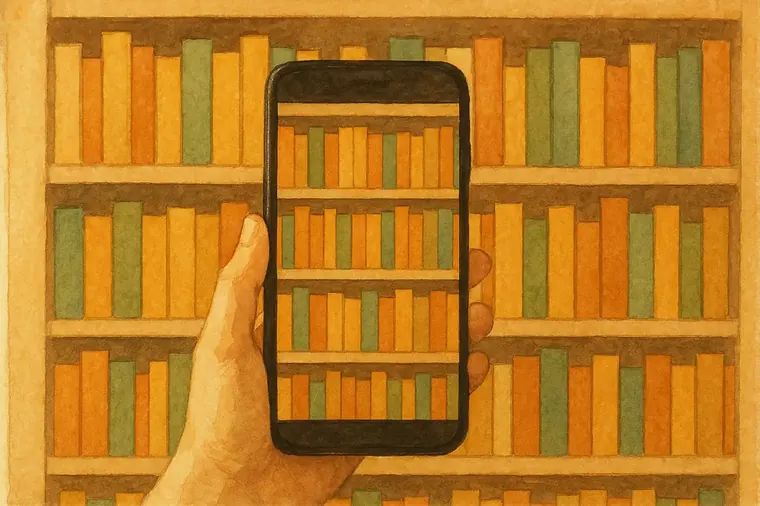 Una mano che punta il telefono contro uno scaffale pieno di libri per fotografarne i dorsi